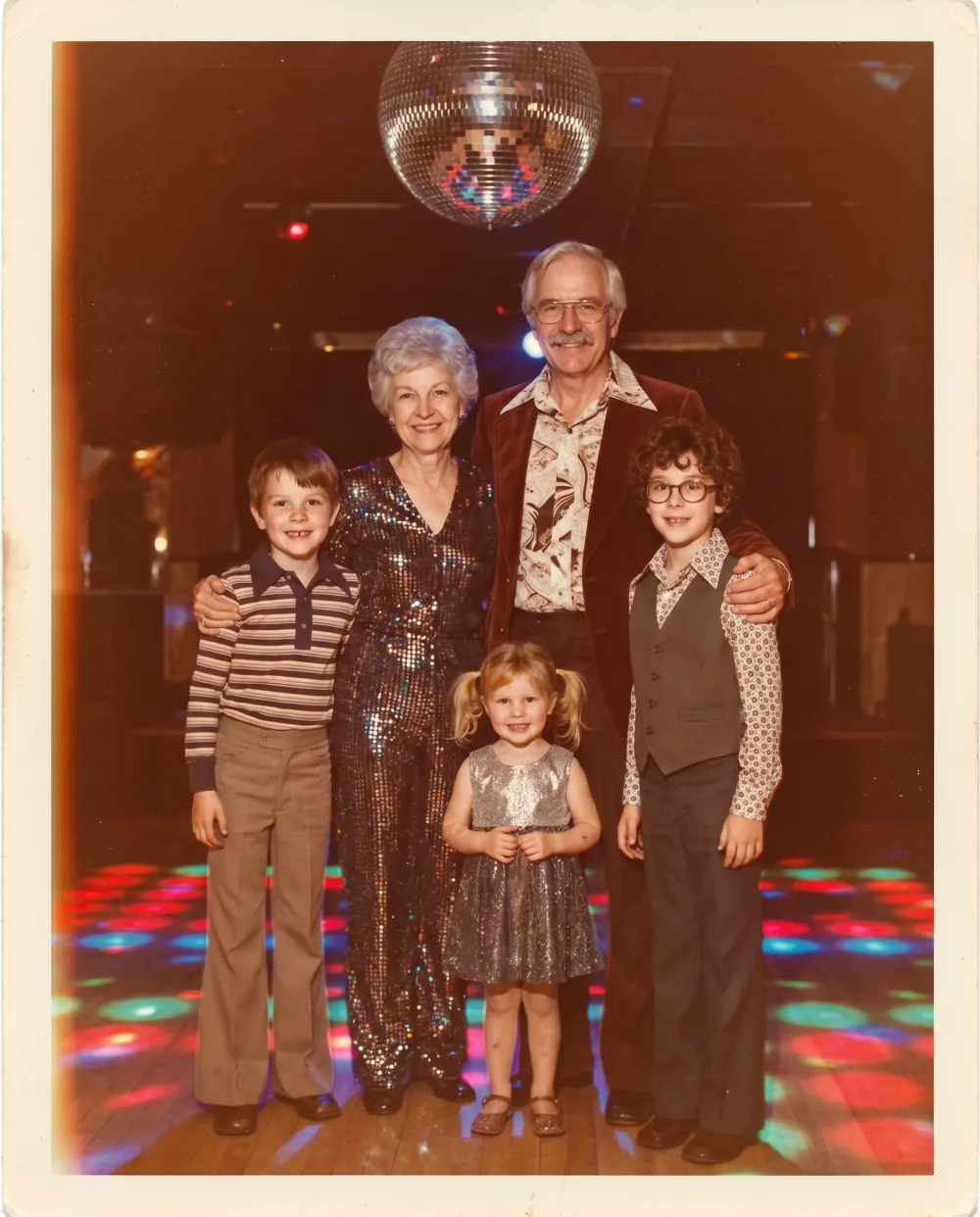 The same family restyled as 1970s · Disco